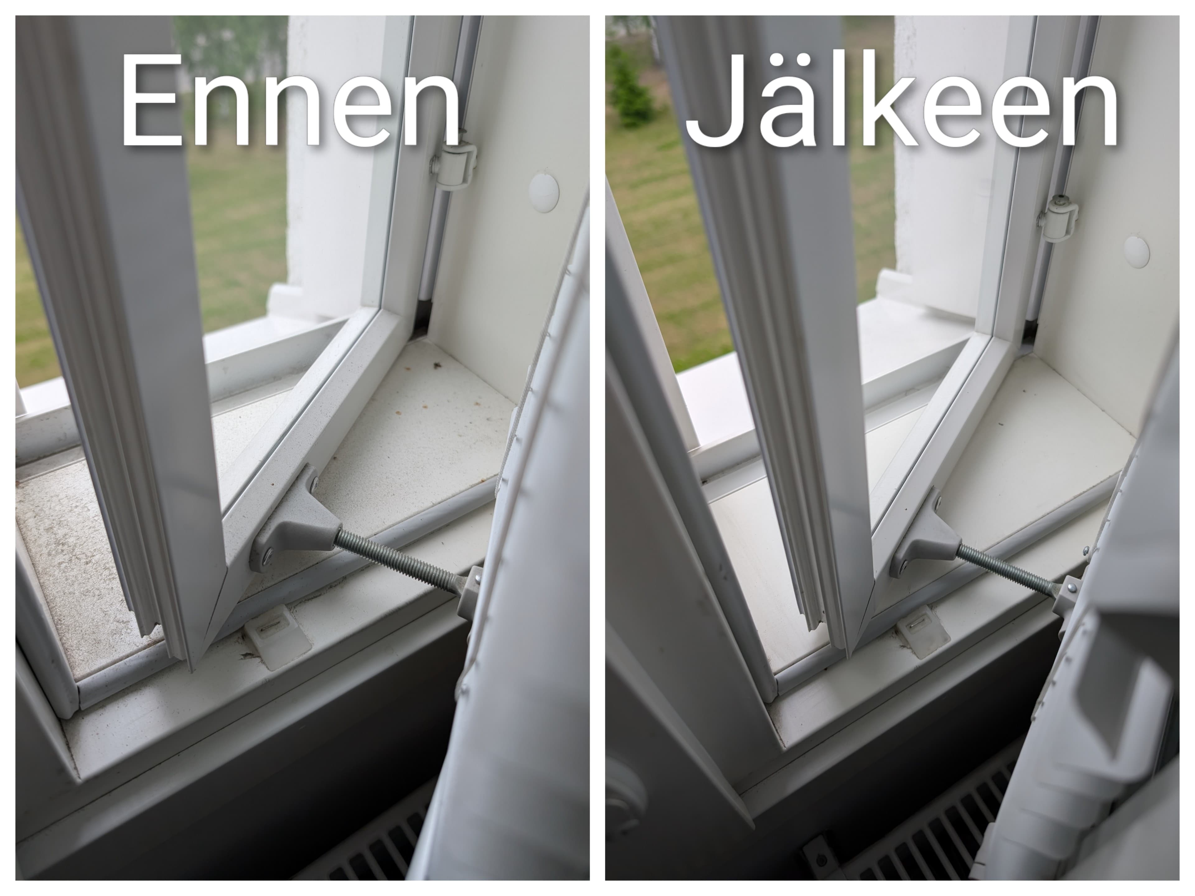 Kotisiivouksen ennen ja jälkeen kuva ikkunanpuitteista Oulussa
