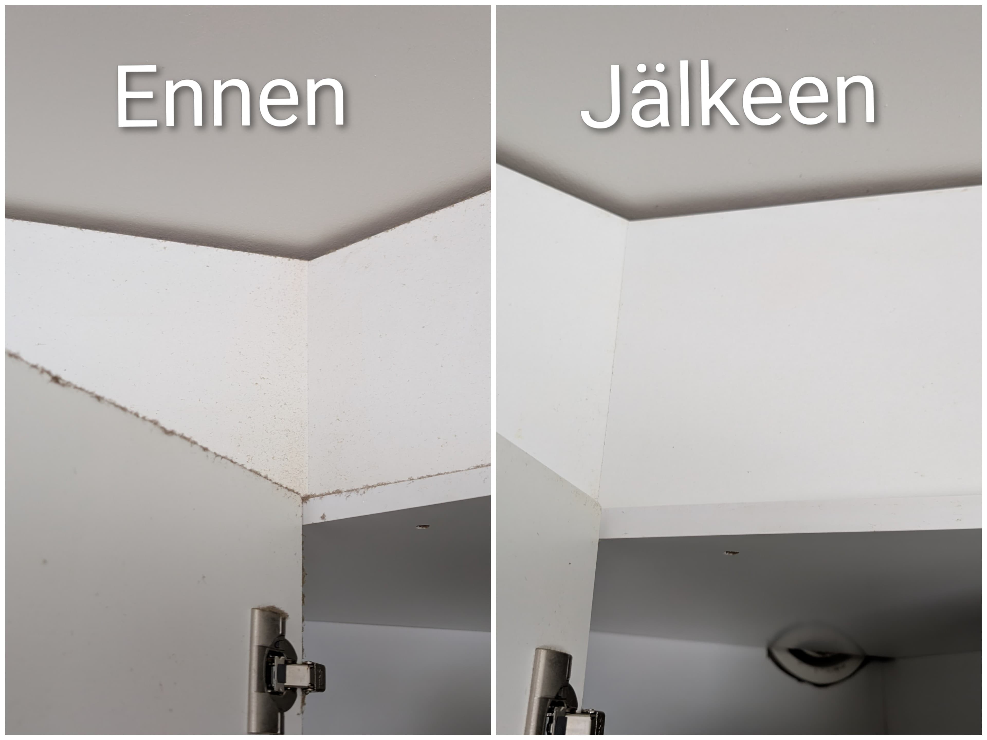 Kotisiivouksen ennen ja jälkeen kuva kaapin yläkulmasta Oulussa