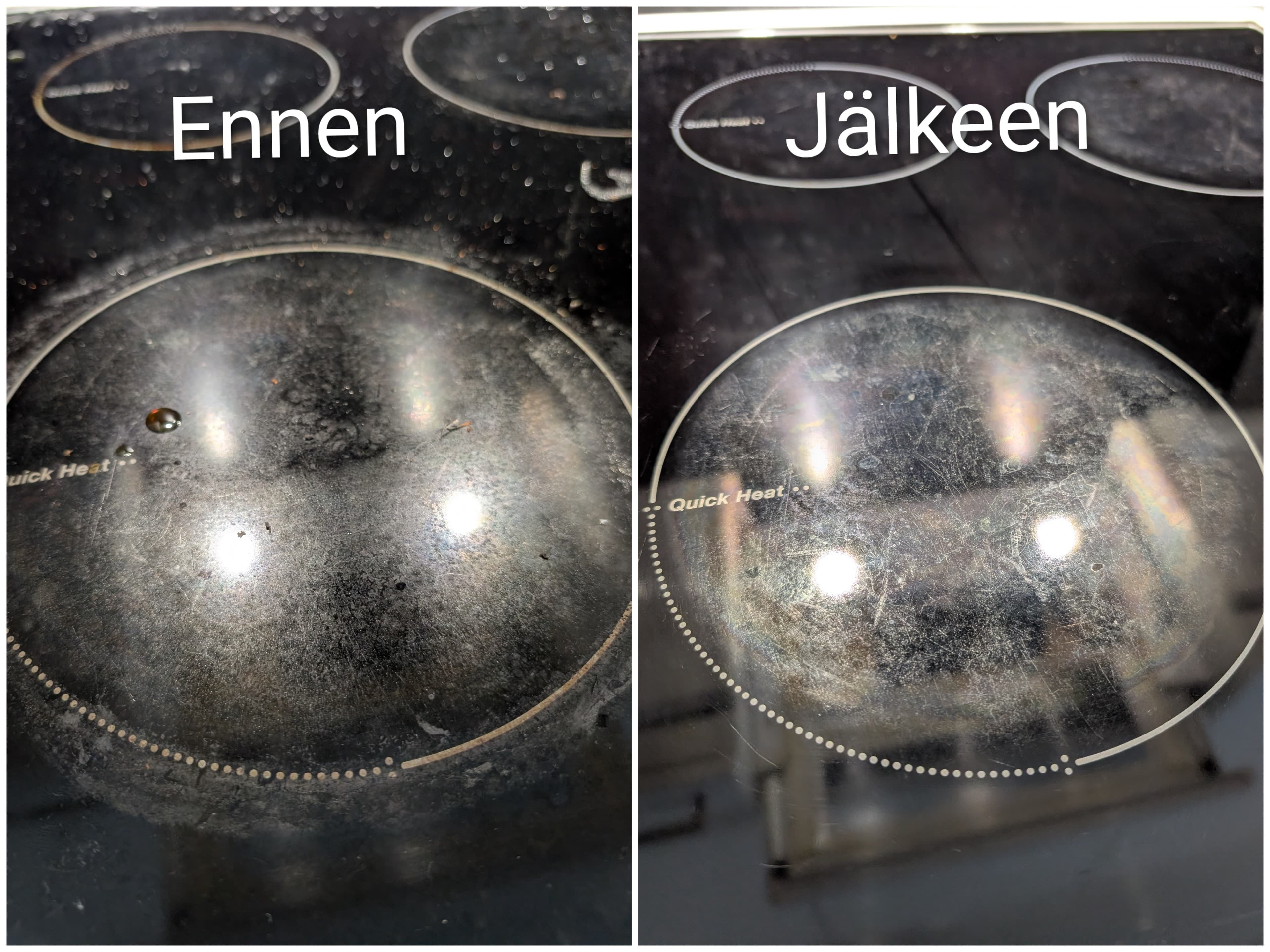 Kotisiivouksen ennen ja jälkeen kuva liesitasosta Oulussa