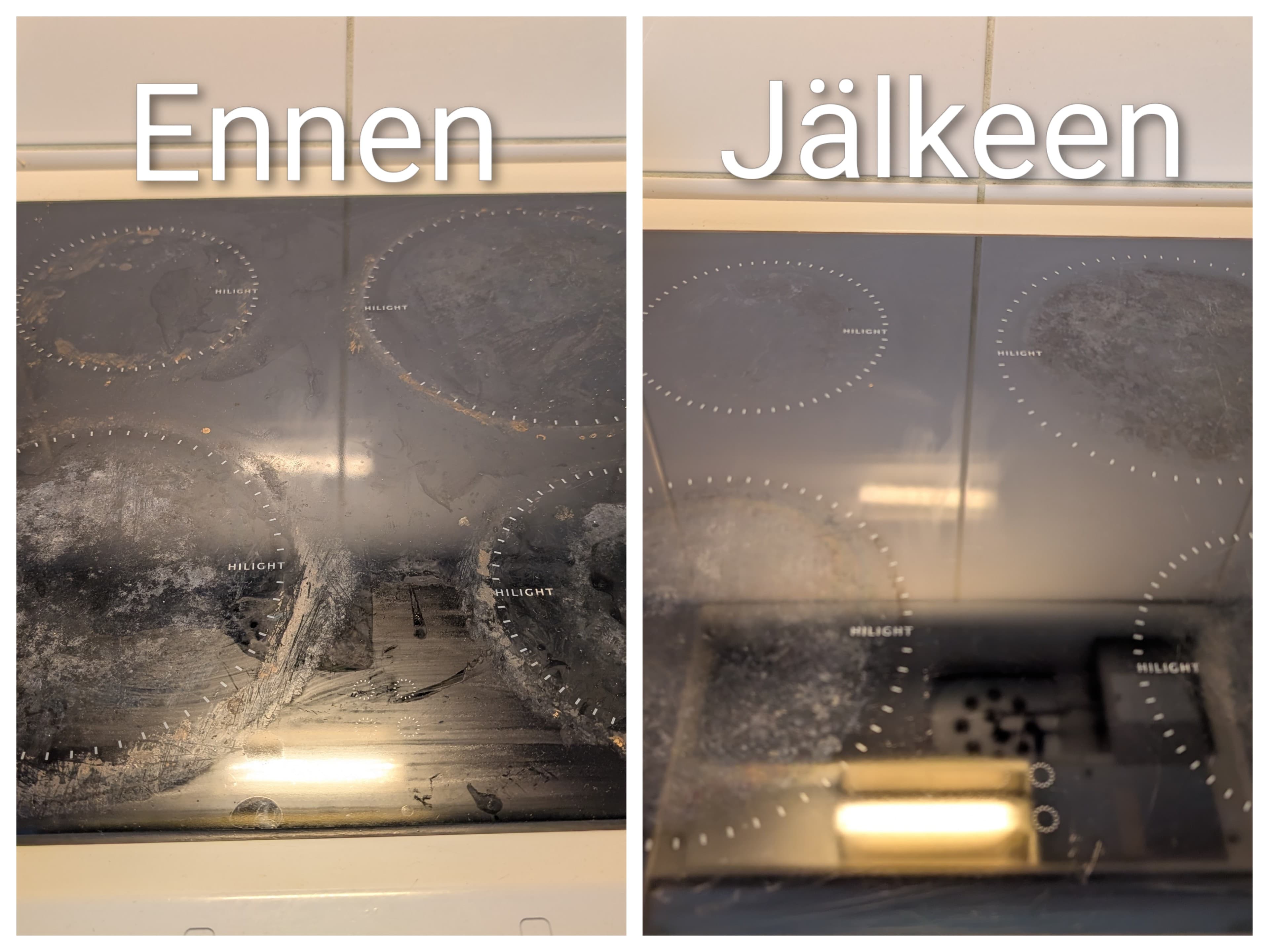 Kotisiivouksen ennen ja jälkeen kuva puhdistetusta liesitasosta Oulussa