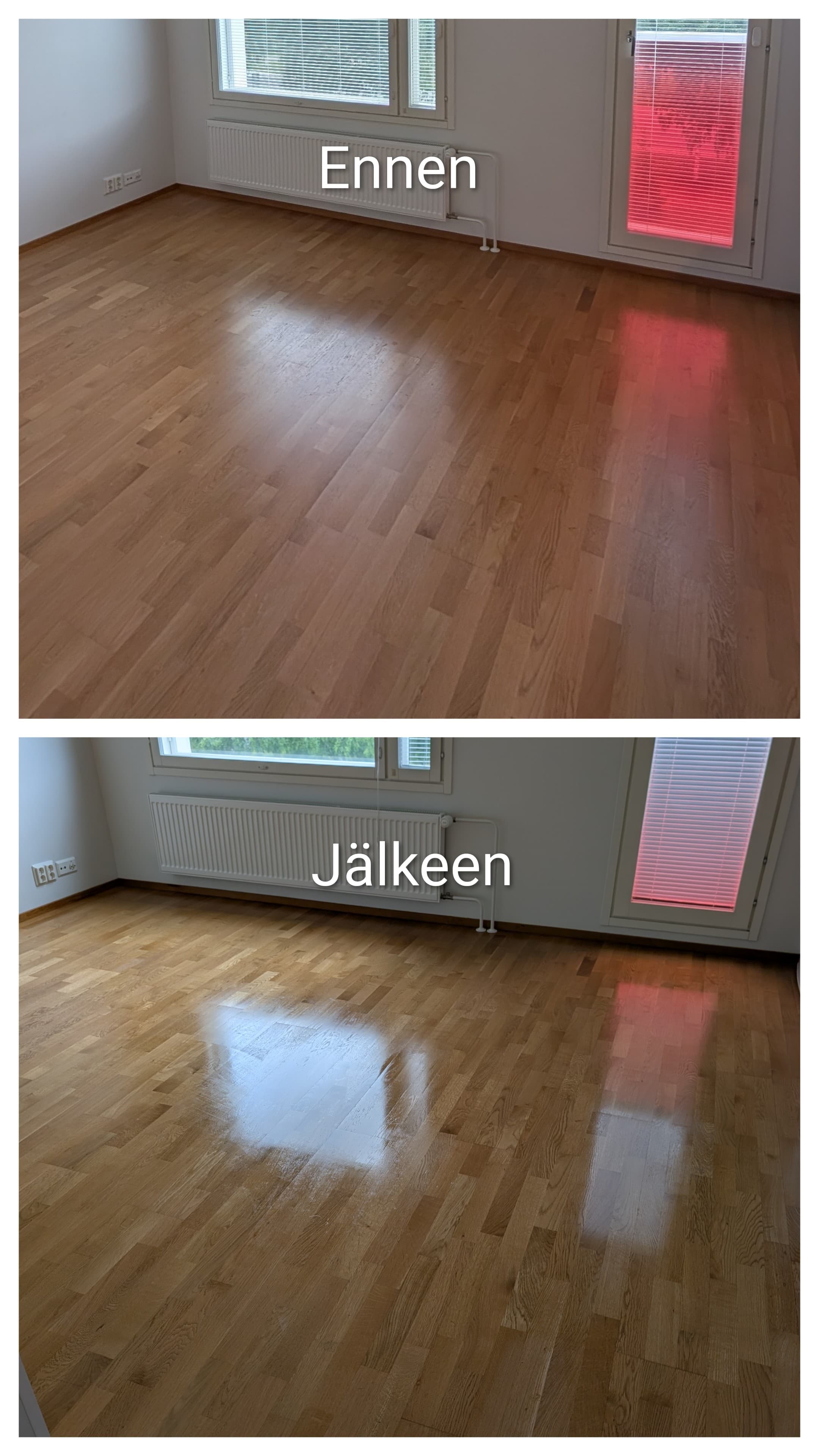 Kotisiivouksen ennen ja jälkeen kuva lattianpesusta Oulussa