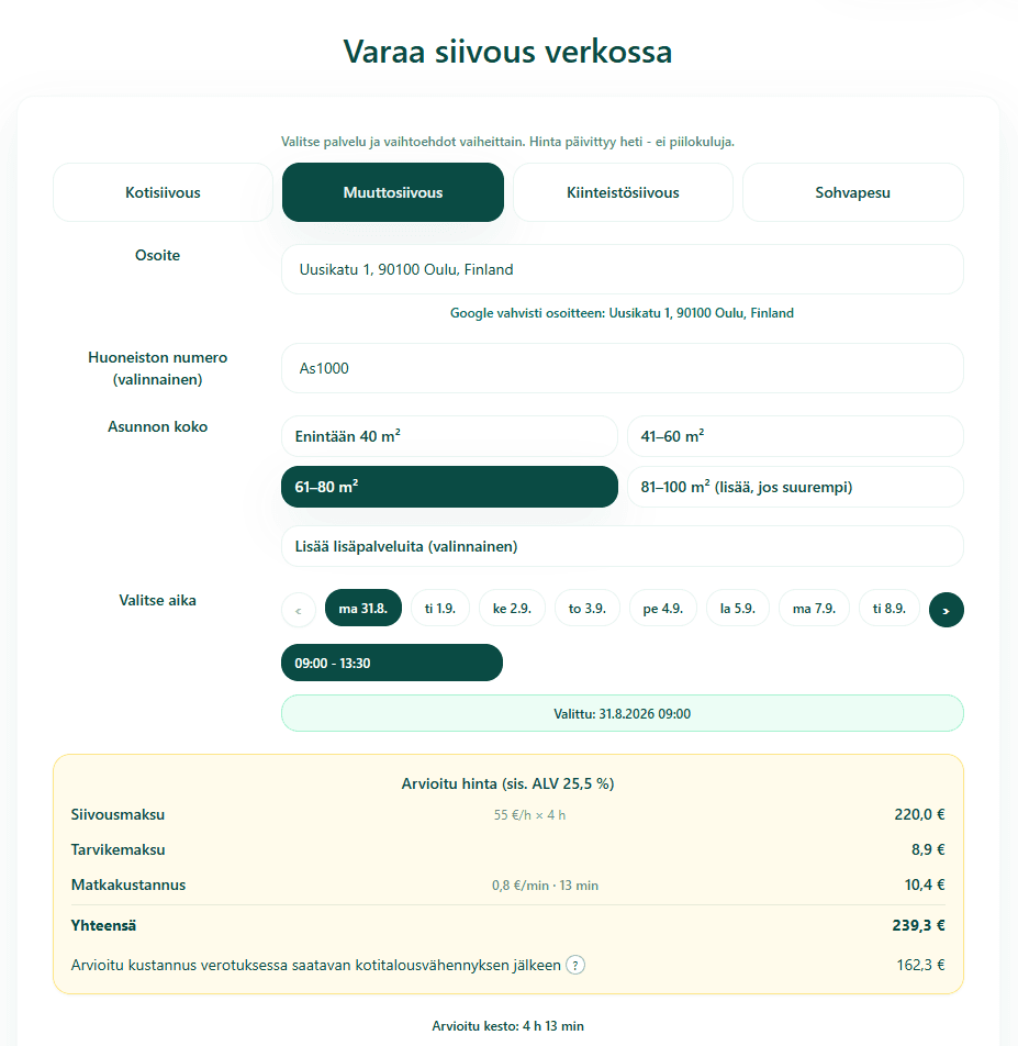 Esimerkki PuhdasFixin varauslomakkeen hinta-arviosta