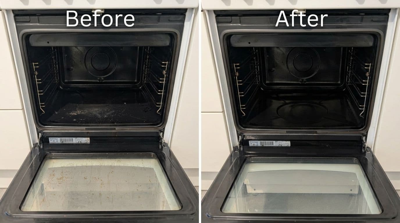 Ennen ja jälkeen kuva uunin puhdistuksesta Oulussa, jossa uunin lasi ja sisäpinnat ovat selvästi puhtaammat